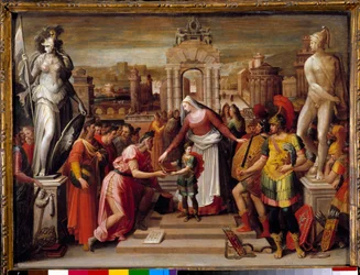 Historie královny Artemise Iere z Halicarnasse: „“ Předání knihy a epee““ Obraz Antoina Carona (1521-1599) 16. století Sun. 0,51x0,67 m Beauvais, departement de l