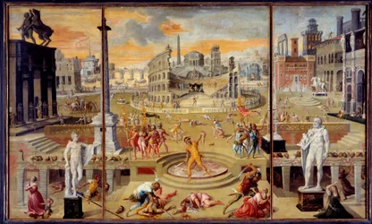 Masakry triumvirátu: toto je masakr republikánské opozice, odehrál se v Římě roku 43 př. n. l. Triumvirát Octavius Cesar (Augustus), Antoine a Lepides. Obraz Antoina Carona (1521-1599). 1566. Ne. 1,16x1,95 m Paříž. L