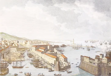 Vstup francouzštiny do Livorna, červen 1796, rytina Jean Duplessis-Bertaux (1750-1818), kresba Carle Vernet (1758-1836), Francouzské revoluční války, Itálie