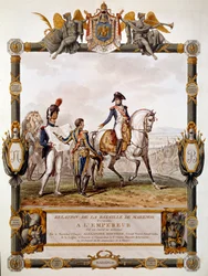 Frontispice vztahu bitvy u Marenga 14. června 1800: Marechal Berthier ukazuje bitevní strategii u Napoleona I. Ilustrace Antoine Dit Carle Vernet (1758-1836)