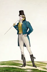 Dandy v robinsonském klobouku s dětskými kadeřemi, pletenými kalhotami a jezdeckými botami, deska 5 ze série módních desek Incroyable et merveilleuse, vyryla Georges Jacques Gatine (1773-1831)