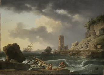 Skalnatá pobřežní krajina s vrakem, 1746