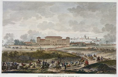 Bitva u La Favorite, 25 Nivose, rok 5 (leden 1797), vyrytý Jean Duplessi-Bertaux (1747-1819) (akvatinta)