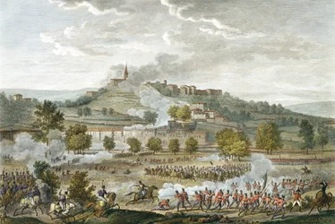 Bitva o Montebello a Casteggio, 20 Prairial, rok 8 (9. června 1800) vyrytý Jean Duplessi-Bertaux (1747-1819) (akvatinta)