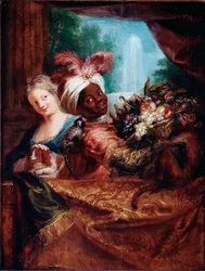 Mladá dívka hladící psa a černý sluha podávající koš ovoce. Na jejím rameni leží malá opice. 28 x 21,5 cm, Paříž, Musée du Louvre