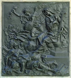 Francouzský anděl vyhánějící kacíře, detail z podstavce sochy Ludvíka XIV, asi 1687 (bronz)