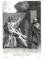 Esther Imploring Assuerus in the Presence of Aman, ilustrace z Esther od Jeana Racina (1639-99) rytina J.J. Coiny (1761–1809)