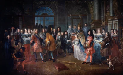 Sňatek Ludvíka de France vévody z Burgundska a Marie Adelaide Savojské dne 7.12.1697 Obřad se koná za přítomnosti krále Ludvíka XIV. (1638-1715) v centru. Mladí, kteří se vdávají, jsou požehnáni kardinálem de Coislin. Obraz Antoine Dieu (166