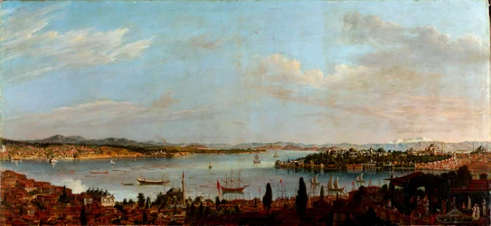 Panoramatický pohled na Istanbul, Turecko"" (Panoramatický pohled na Istanbul) Malba Antoina Favraye (1706-1791) Olej na plátně 18. století Rozměr 100x213 cm Muzeum Pera, Istanbul