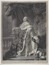 Korunovace - Portrét krále Ludvíka XVI. v korunovačním rouchu, vyryl Charles-Clément Bervic (1756-1822)