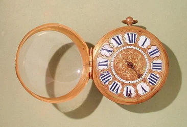 Hodinky, cca 1685 (zlacená mosaz a smalt)