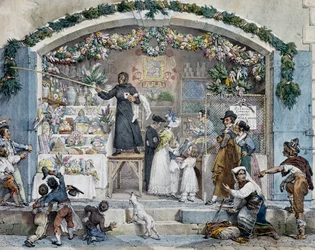 Befana v Římě, Antoine-Jean-Baptiste Thomas (1791-1833), tisk. Itálie