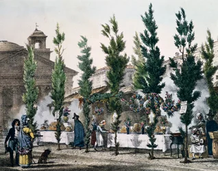 Fritézy v Pantheonu během svátku svatého Josefa, rytina Antoine Jean-Baptiste Thomas (1791-1834) z Un an a Rome et dans ses environs (Jeden rok v Římě a okolí), Francie