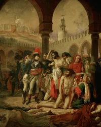 Císař Napoleon I. Bonaparte navštěvuje morovou epidemií postiženou Jaffu a za ním přicházejí jeho generálové Berthier a Bessieres ...