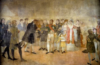 Císař Napoleon I. navštěvuje Salon du Louvre a rozdává umělcům kříže Čestné legie 22. 10. 1808 Obraz Antoine Jean Gros (1771-1835) Slunce 19. století. 3,5x6,4m