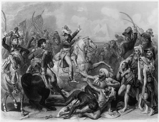 Napoleon Bonaparte v bitvě u pyramid, vyryl Jean Jacques Frilley (nar. 1797)