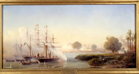 Epizoda expedice Cochinchine: “” Dobytí citadely v Saigonu viceadmirálem Rigaultem de Genouilly velícím francouzsko-španělským expedičním silám 17/02/1859”” Obraz Antoine Leon Morel Fatio (1810-1871) 1859 Sun. 0,83 x 1,82 m
