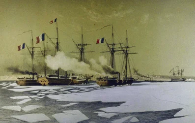 Prolomení ledu v Dněpru Liman pro průchod plovoucích baterií, 1855-1856, 1860