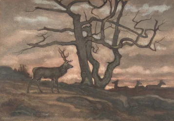 Jelen a strom proti západu slunce, 1810-75.