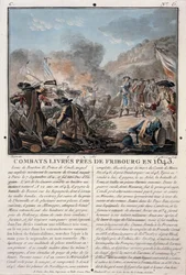 Boj u Freiburgu, 1643, ryl Jean Baptiste Morret (fl.1790-1820), 1787 (barevné lito)