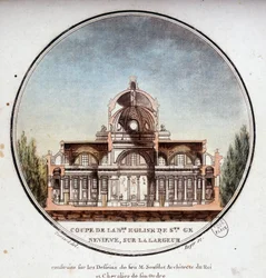 Řez na šířku nového kostela Sainte Geneviève, postaveného podle výkresů architekta Soufflota, Paříž. V malebných pohledech na hlavní budovy Paříže od seržanta