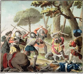 Gaston de Foix (1488-1512) Zabit v bitvě u Ravenny, vyryl Roger, 1788