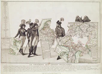 Triumf francouzských armád, Napoleon a jeho generálové drží mapy svých vítězství v době míru v Loebenu, 18. dubna 1797, kolem roku 1797