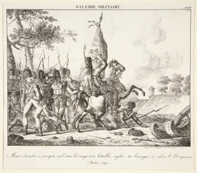 Menier (Husar) se sám vrhne do linie anglického praporu, zabije praporčíka a zajme vlajku (Druten, 1795)