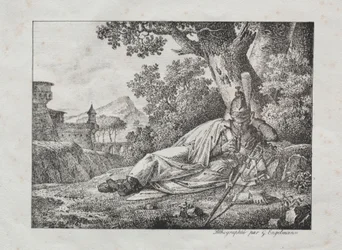 Sbírka litografických esejů: Kouřící drak leží na úpatí stromu, 1822.