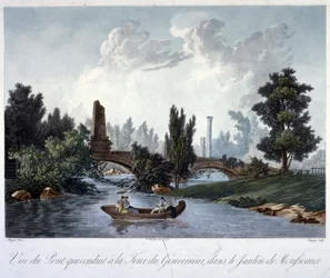 Most na Tour du Gouverneur v parku Monceau, rytina Chapuy (akvatinta)