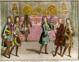 Bufet představuje občerstvení v šesté ložnici apartmánů rodiny Ludvíka XIV. (1638-1715) během večerů bytu ve Versailles kolem roku 1696 Rytina Antoina Trouvaina (1656-1708) 1696 cca. Soukromá sbírka
