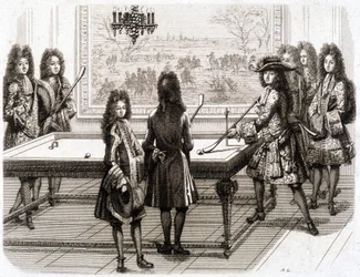 Ludvík XIV. hraje kulečník s Monsieurem, královým bratrem, vévodou z Vendôme, hrabětem z Toulouse, Chamillartem, le Roi, M. d