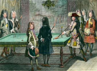Královská zábava ve Versailles: král Ludvík XIV. (1638-1715) hraje kulečník s Filipem, vévodou orleánským (1640-1701), známým jako Monsieur, hrabětem z Toulouse, vévodou z Vendôme, Monsieur d