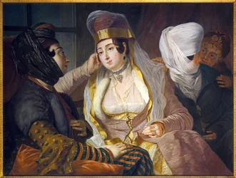 Levantské dámy v městských vlasech. Obraz Antoine de Favray (1706-1791), Olej na plátně
