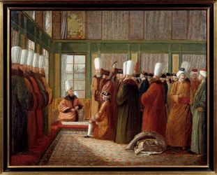 Osmanská říše: přijetí francouzského velvyslance ve službách krále Ludvíka XVI. v Turecku velkovezírem, obraz Antoina de Favray (1706-1791), 18. století, Marseille, Musée de la Marine