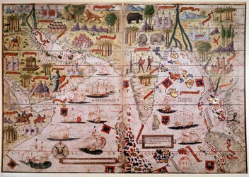 Portugalský námořní atlas Indes. Strana rukopisu Atlase Millera vytvořeného v roce 1519 Pierrem a Georgesem Reinelem, Lopo Homem (kartografové) a Antoine de Hollande (miniturista). 16. století. Paříž, BN.