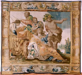 Vlámský gobelín. Seriál Příběh Thésea. Bacchus si bere Ariadnu za manželku (Baco toma a Ariadna por esposa). Devátá tapisérie v sérii. Model Anthonis Sallaert. Výroba Jan Raes mladší, Brusel. Cca 1630.; Tkanina Hedvábí a vlna. Rozměr 392 x 45