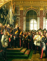 Prohlášení Viléma císařem nové Německé říše v Zrcadlovém sále ve Versailles 18. ledna 1871, namalováno 1885