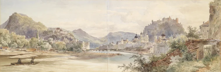 Německy: Panorama města Salcburku s pevností Hohensalzburg