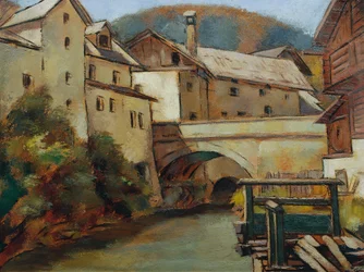 Pohled na město s řekou a mostem