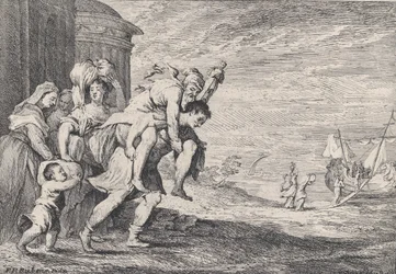 Aeneas prchající z Tróje, se skupinou šesti postav opouštějících město vlevo, Aeneas nesoucí..., 1728.