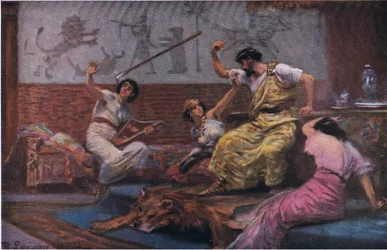 Saul vrhá oštěp na Davida z Hulberts Story of the Bible vydaného The John Winston Company, 1932