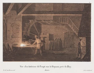 Interiér kovárny poblíž Huy, Belgie, vyrytý Jean-Baptiste Jobard (1792-1861) (tónované lito)