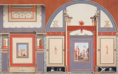 Nástěnná malba z římského domu v areálu Villy Negroni v Římě, Mars (?), Venuše a Kupido. 1793