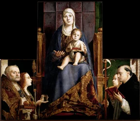 Oltářní obraz ze San Cassiana: „Panna Maria s dítětem obklopená svatými Mikulášem z Myry či Bari (270-345), Máří Magdalénou, svatou Uršulou a svatou Dominikou“. Malba na dřevě od Antonella da Messina (asi 1430-1479), 1475-1476, Uměleckohistorické muzeum