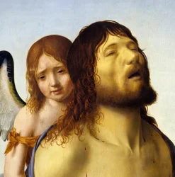 Detail obrazu „Mrtvý Kristus podpíraný andělem“. Malba Antonella da Messiny (1430-1479), 1476-1479. Rozměry: 0,74 x 0,51 m. Madrid, Museo del Prado.