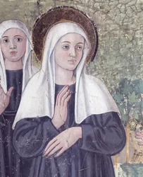 Život svaté Francescy Romany: Při návratu z baziliky svatého Pavla byla světice uchvácena extází, v proudu, ale vstala dokonale suchá, detail (Freska