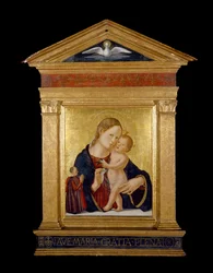 Panna a dítě s dárcem, cca 1480 (tempera a plátkové zlato na panelu)