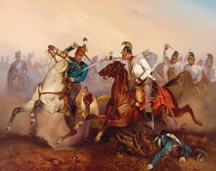 Boj mezi císařskými rakouskými dragouny a maďarskými honvédskými husary …. Uhersko v letech 1849, 1854.
