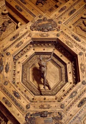 Apollo, ochránce léku. Detail dřevěného stropu anatomického divadla